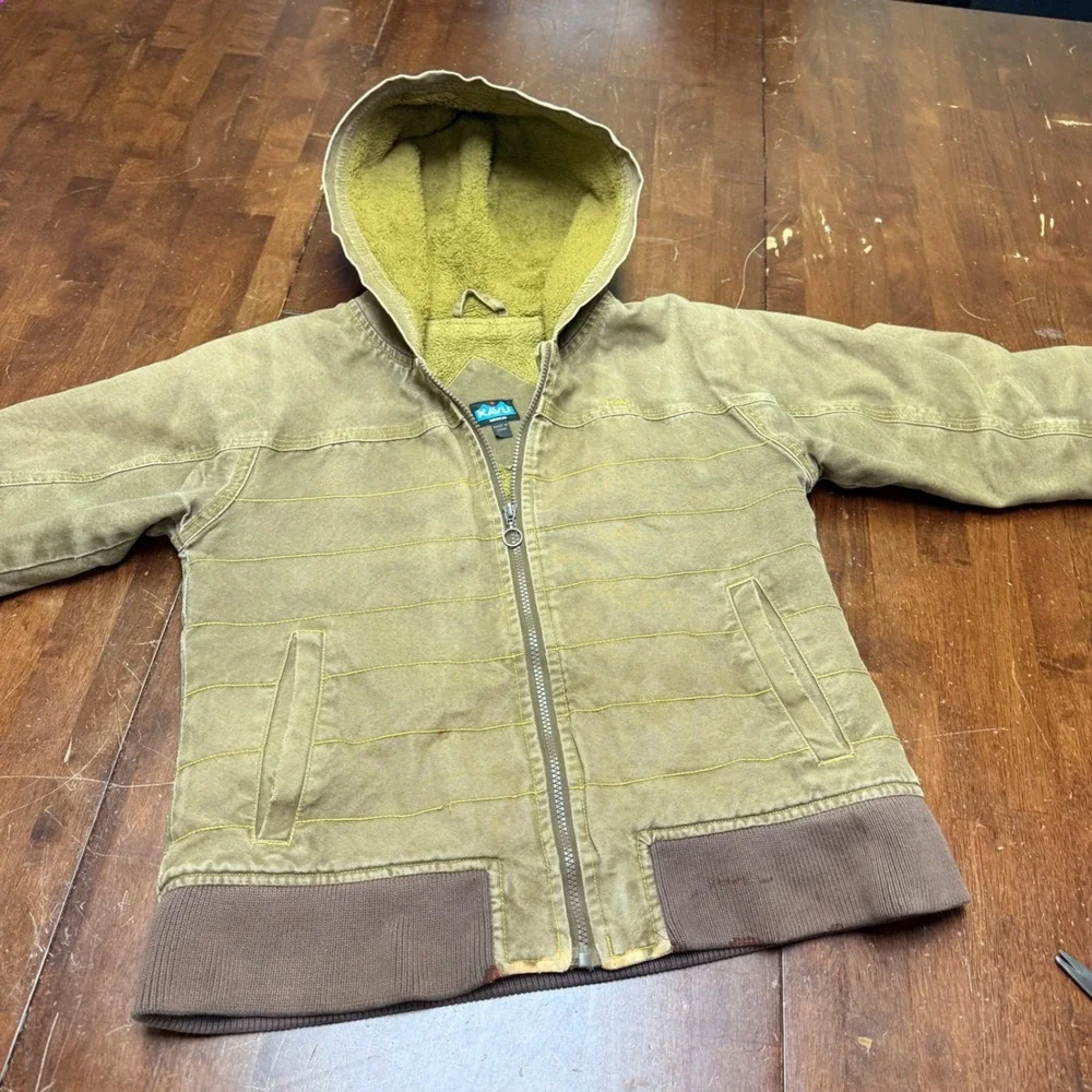 KAVU Sherpa Lined‎ Canvas Hooded Jacket Youth Medium Brown Zip Up Casual
